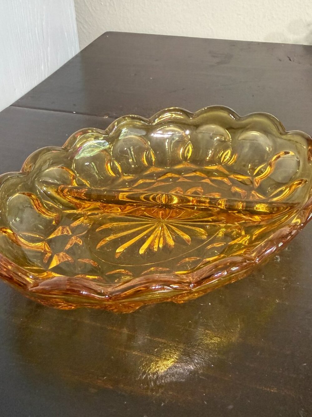 Vintage Anchor Hocking Amber Glass Fairfield Divided Relish Dish Oval 7” Retro
